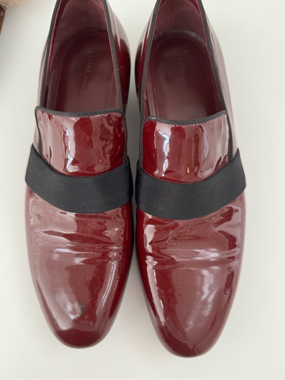 Celine Women's Burgundy Patent Loafers with Black Elastic